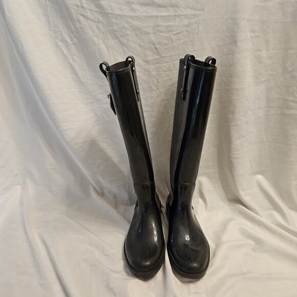 Coach Women's Riding Rain Boots Black Round Toe Knee High Buckle 7 - Picture 3 of 13